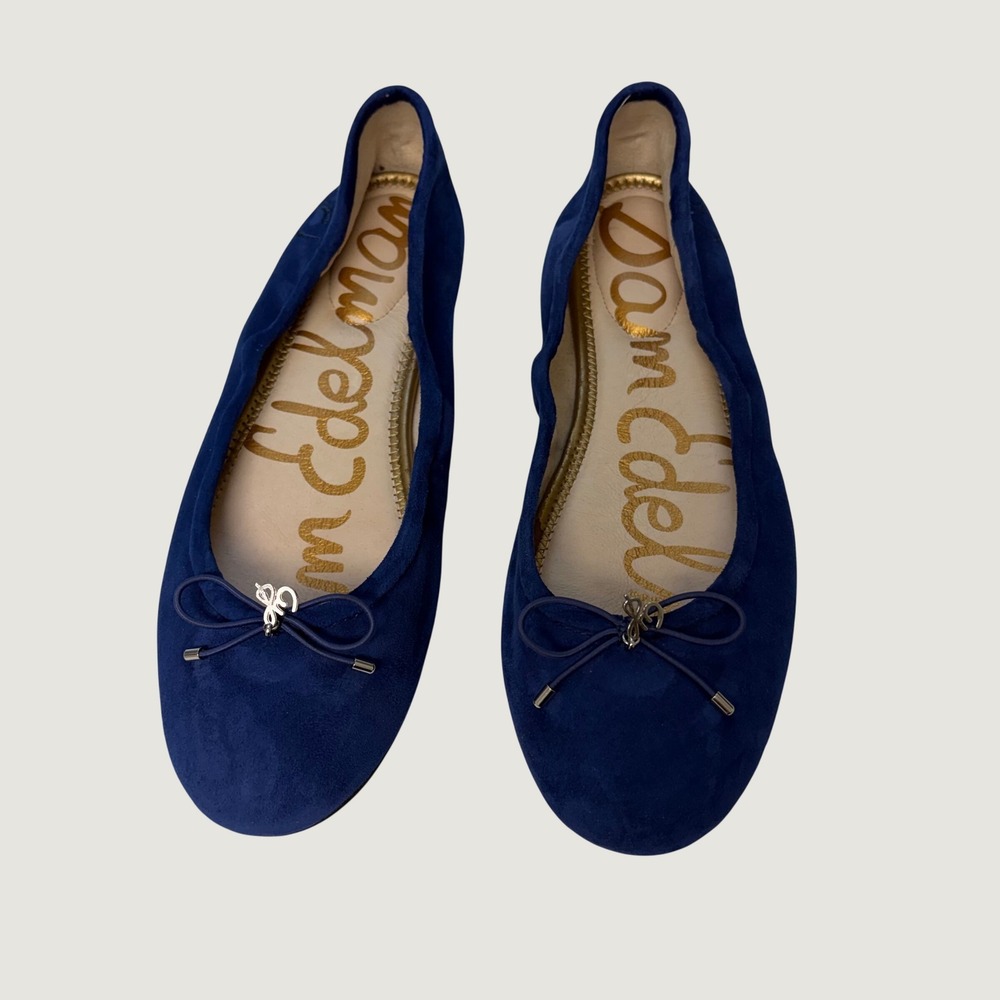 Sam Edelman Felicia Royal Blue Suede Ballet Flats Shoes 8.5W Wide Charm Bow